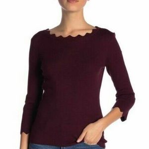 Philosophy burgundy scalloped trim 3/4 sleeve sweater